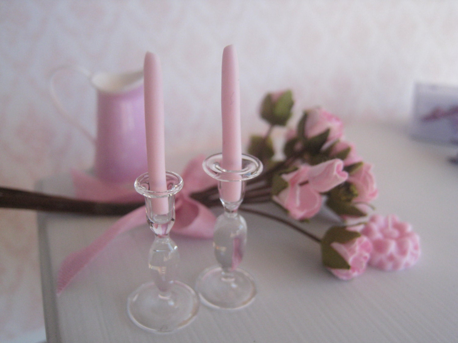 Dollhouse ROSE GLASS CANDLESTICKS