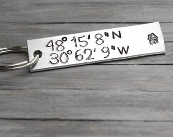 Latitude Longitude Key Chain, Coordinate Key Chain, Custom Coordinates, Personalized Key Chain, Hand Stamped Key Ring,