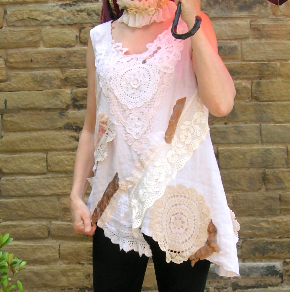 Bohemian linen tunic. Vintage lace upcycled repurposed white