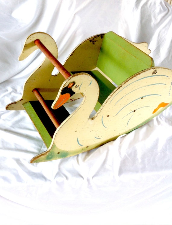 Antique Wooden Riding Rocking Swans Wood Rocker Toy Kids