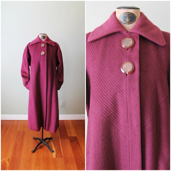 VINTAGE Wool Swing Coat / L / Purple / Burgundy / Pink Lining / Big Glitter Buttons / Alex Catalano