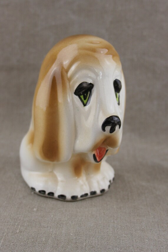 Beige Ceramic Basset Hound Dog Money Box Bank with Painted