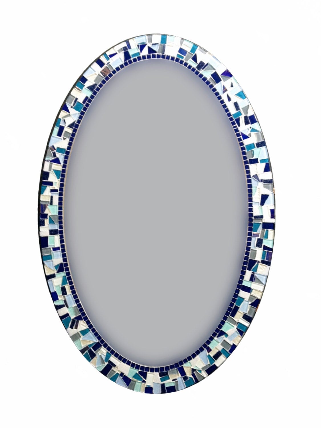 Large Oval Mosaic Mirror Navy Blue White Aqua Ready to