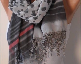Gray and Pink Chiffon Scarf with Lace Edge