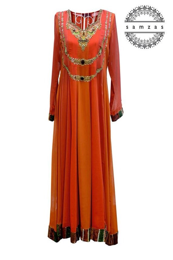 Pakistani Orange flare dress with panels and by faizapervaiz