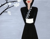 Japanese Girl Print - Cherry Blossom Art - Spring Illustration - Black and Grey Home Decor - Whimsical Art - Girl Gift - 'Hello Blossom'