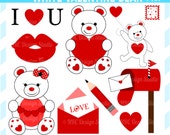 CIJ SALE - Cute Valentine Clip Art - White Valentine Bear Clip Art - Digital Valentine Clipart - Heart, Mailbox, Letter, Kiss Il_170x135