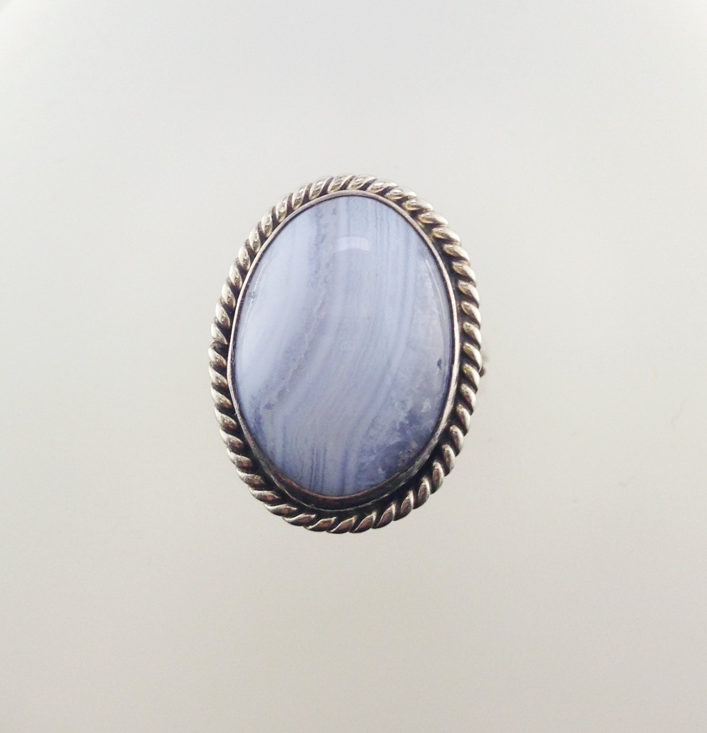 Blue Lace Agate Gemstone Ring with Braided Bezel
