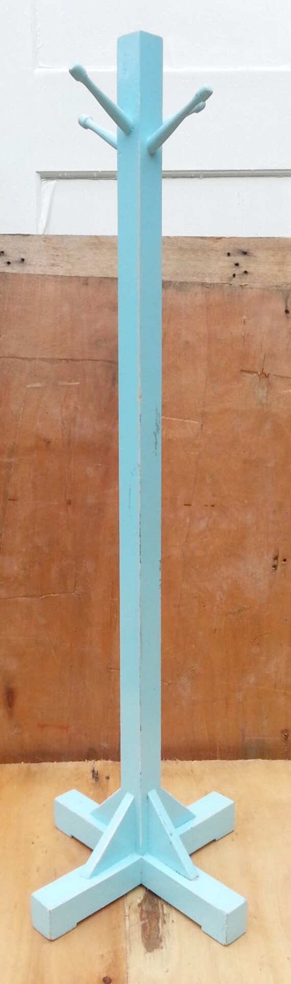 childrens hat stand/coat stand light blue upcycled. 4 hooks