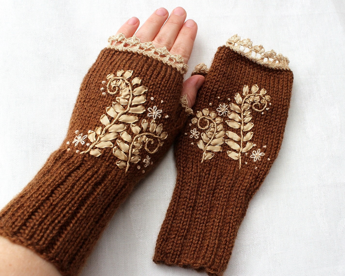 Hand Knitted Fingerless Gloves Ribbon by nbGlovesAndMittens