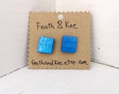 Electric Blue Upcycled Wooden Square Earrings Metallic Recycled Handmade