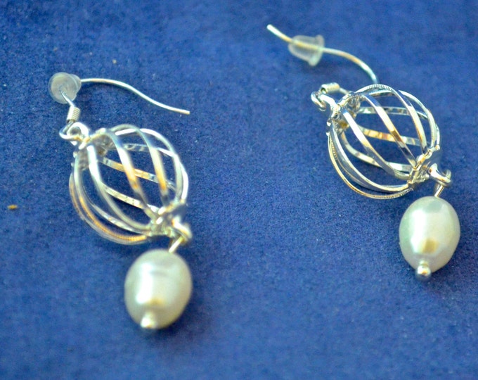 Pearl and Silver Bead Cage Earrings , Natural Akoya Pearls, Sterling, 1.5" Long E188