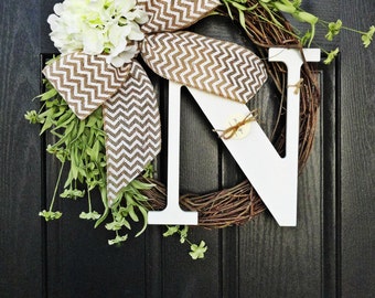 Best Selling Wreath, Spring Wreath, White Monogram Wreath, Hydrangea Wreath, Chevron Burlap Wreath, Year Round Wreath