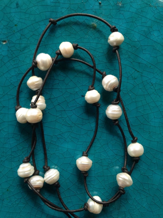 Items similar to Freshwater Pearl and Leather Necklace on Etsy