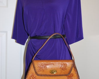 Handmade beautiful tooled and laced handbag in tan. Western triangle top handle bag.