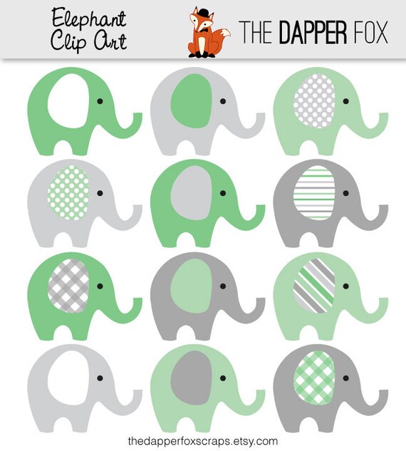 Green and Grey Elephant Clip Art INSTANT DOWNLOAD baby