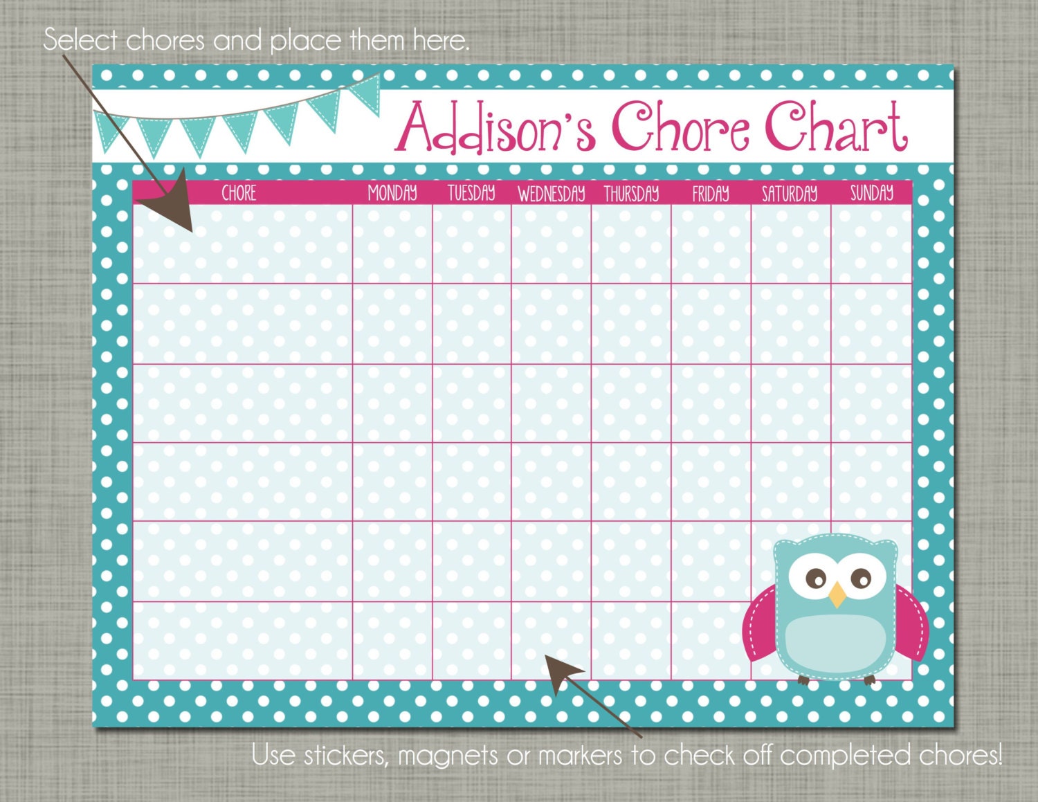 Personalized Kids Chore Reward Chart Printable Sized 8.5 x