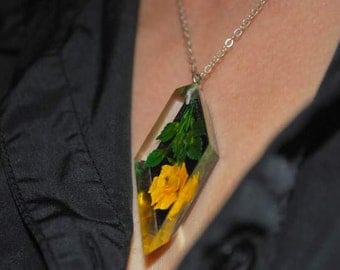 Yellow rose reversed carved Lucite pendant on Sterling silver chain. Vintage 1940-50's Lucite necklace.