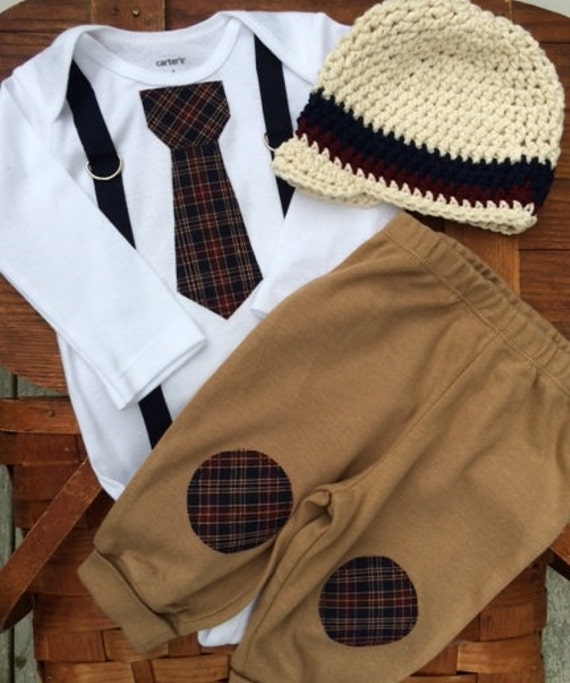 Baby Boy Preppy Outfit Bodysuit with Preppy Navy Plaid Tie