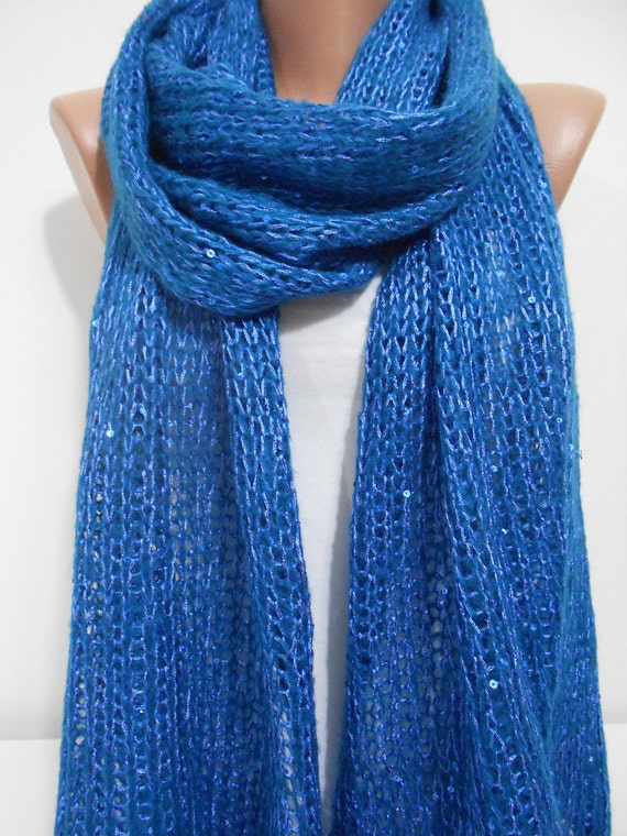 ON SALE Sequin scarf Blue knitted scarf Sparkle cowl by