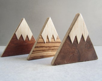 Magnet Mountains. Handmade wood fridge magnets. Set of 3 refrigerator magnets. Wooden kitchen or office magnets. Snow capped mountains.