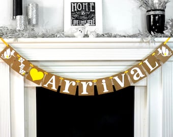 New Arrival Banner / Baby Shower Sign / Boy or Girl / Storks / Rustic Baby / Nursery Room Sign / Yellow / Brand New Baby