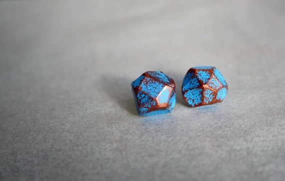 Hand Painted Blue & Copper Multi Faceted Polymer Clay Stud Earrings