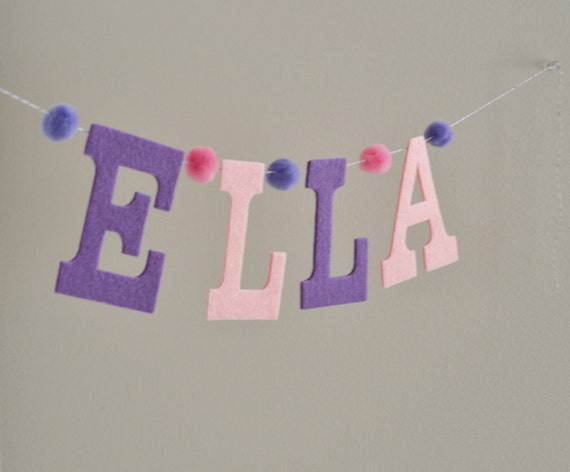Pink & Purple Felt and Pom Pom / Baby Name Banner / Birthday Baby Shower Decor / 4" Upper Case Letters / Other Colors Il_570xn