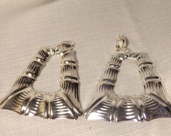 CLIP-ON Hoop Earrings Silver tone Bamboo Square Hoops Old School Vintage 4 inch long
