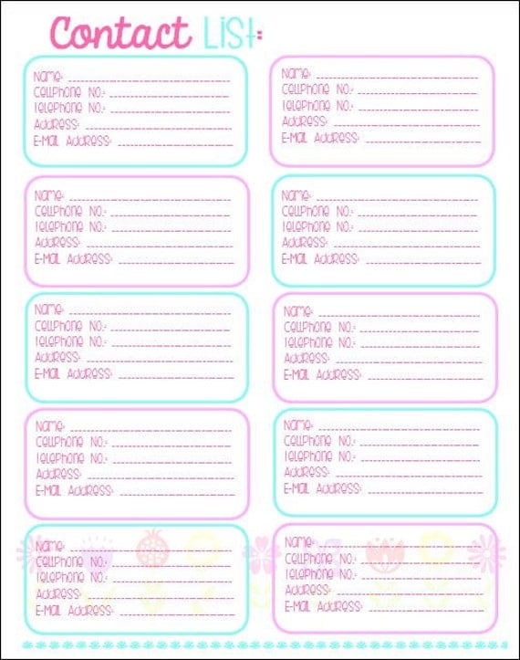 Contact List Printable Instant Download Pink Cyan