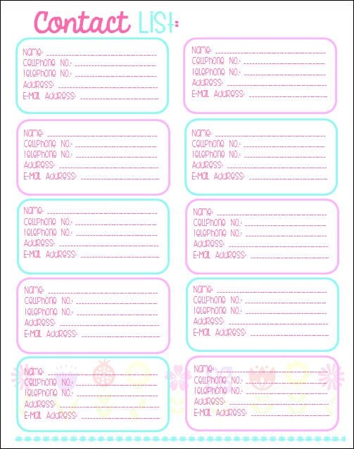 Download Contact List Printable Instant Download Pink-Cyan