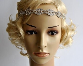 Rhinestone Headband, Great Gatsby Headband, Crystal Headband, Wedding Halo Bridal tie on ribbon Headband Headpiece, 1920s Flapper headband