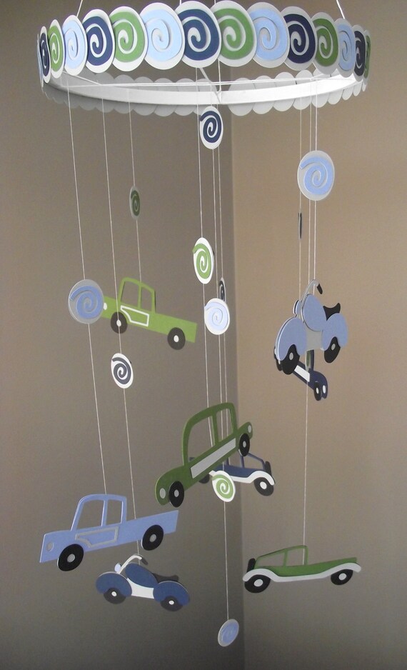 Navy Blue Light Blue Green & Gray Vehicle Baby Mobile