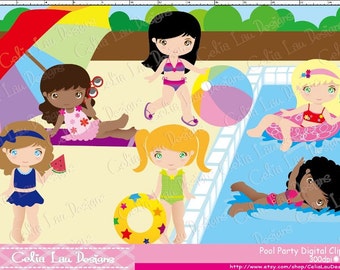 Girls pool party Clipart , Cute Girl clipart , Pool Clipart, Pool Party Digital Clipart , Summer Clipart / INSTANT DOWNLOAD