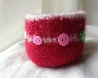 Red and White Felted Bowl with Buttons