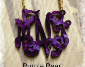 Purple Pearl Acrylic Monogram Necklace - Vine Monogram 3 Initial Name , Laser cut Acrylic monogram Jewelry - wedding gift