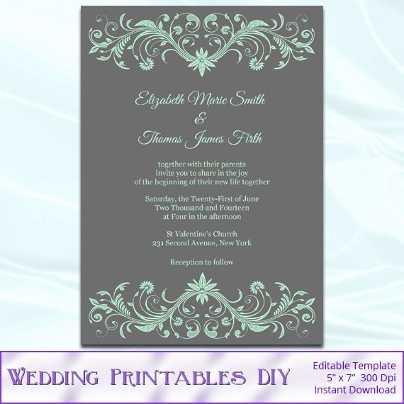 DIY Mint Green and Gray Wedding Invitations Templates - Printable Ornament Invites - Editable Text - Instant Download Pdf Word .doc P29