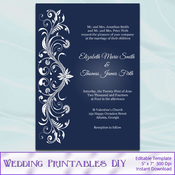 Items Similar To Printable Invitation Templates Diy Navy Blue And White Wedding Invites Bridal Navy Blue Wedding Invitation Templates