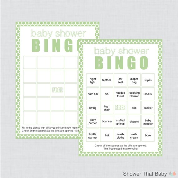 Green Baby Shower Bingo Cards Blank Bingo Cards AND