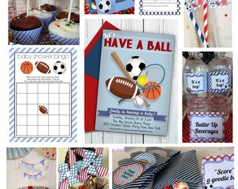 Sports Baby Shower Printable Package & Shower Invitation, INSTANT DOWNLOAD, boy baby shower, Retro Sports Party, Football Baseball Soccer