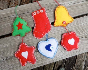 Felt Christmas Ornaments - Toddler Decorations - Tree Stocking Bell Star Heart - Baby First Christmas - Gift Tag - Folk Art Holiday Decor