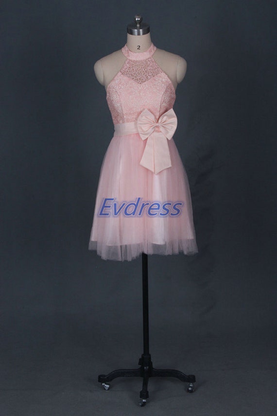 Short pink tulle bridesmaid dress with bow cheap halter by Evdress