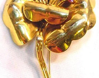 Vintage Flower Pin with Rose Rhinestones Sterling with Vermeil