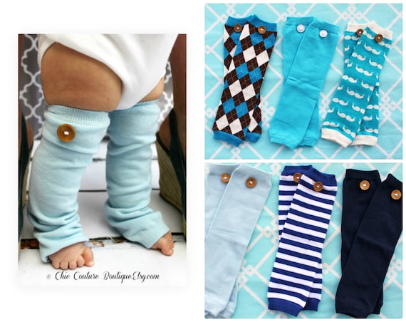 New Baby Boy Button Leg Warmers Chic Couture Boutique Exclusive. Baby Blue with Wood Grain Button, OR Any Color. Birthday Outfit Baby's 1st by ChicCoutureBoutique