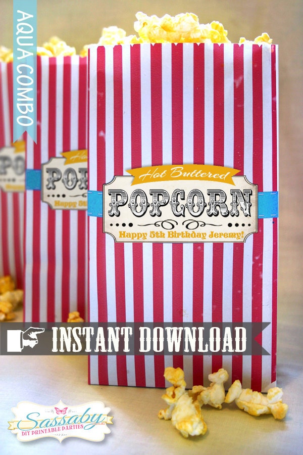 Popcorn Bag Printable Template INSTANT DOWNLOAD Vintage