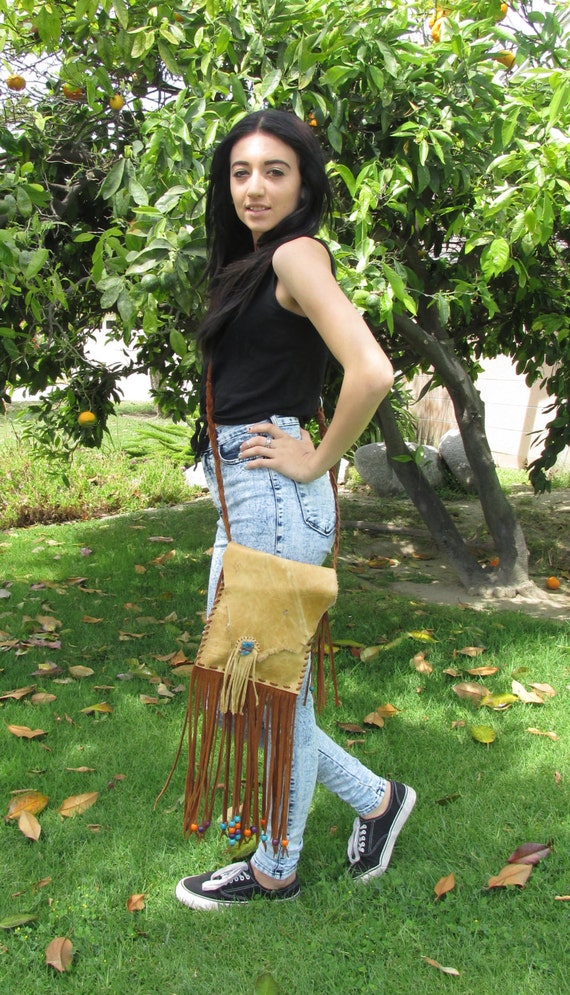 Leather Fringed Festival Bag with Beads