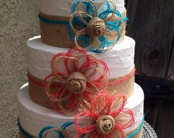 Coral and Turquoise Cake Topper - Burlap - Rustic - Party Decorations - cake Decorations