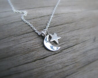 Star and Crescent Moon Necklace, Sterling Silver, Small Star, Tiny Moon and Star, Shooting Star Necklace, Delicate Simple Everyday Jewelry