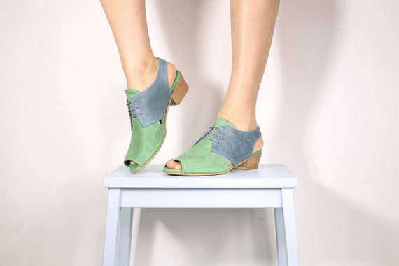 ON SALE 20% OFF omens Sandals Peep toe Shoes blue and green leather with geometric cutout
