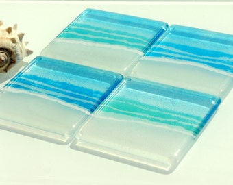 4 Blue or Turquoise Beach Coasters-FREE UK SHIPPING-Beach Sea Sky Fused Glass Coasters-Mix & Match-1 Set of 4- 0cmx10cm / 4x4inches